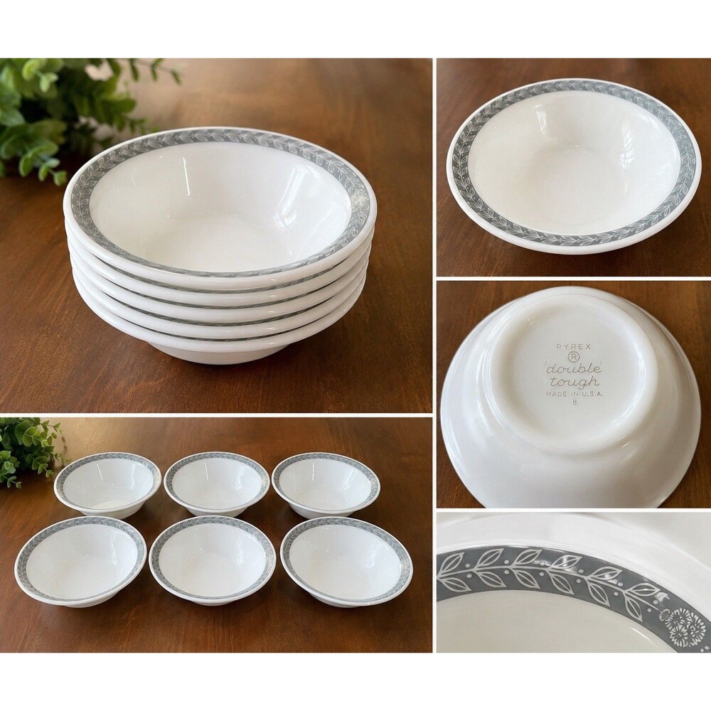 Vintage Pyrex Delphite Gray Laurel Rim Dessert Bowls Set of 6 Double Tough USA